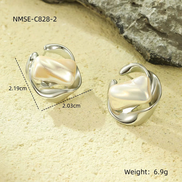Titanium Steel Irregular Geometric Inlaid Pearl Electroplated Women's Light Luxury Earrings