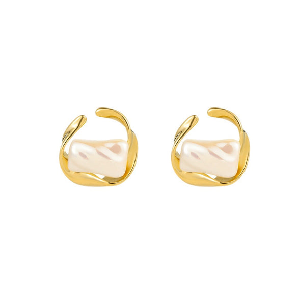 Titanium Steel Irregular Geometric Inlaid Pearl Electroplated Women's Light Luxury Earrings