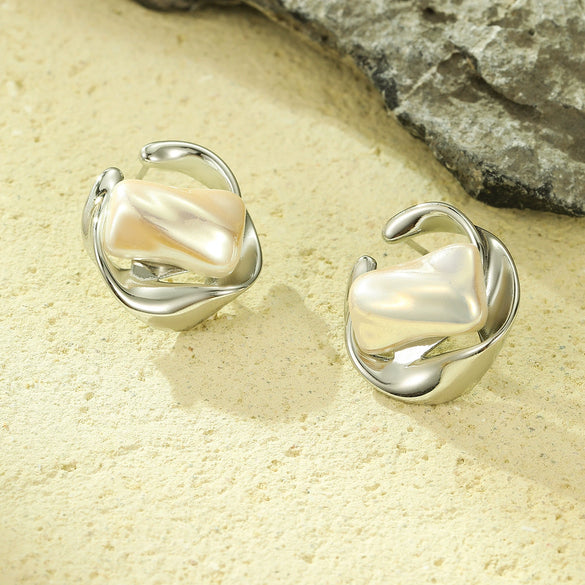 Titanium Steel Irregular Geometric Inlaid Pearl Electroplated Women's Light Luxury Earrings