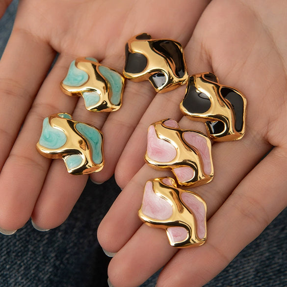 Titanium Steel Irregular Women's Earrings With Colorful Lines Electroplating Minimalist Geometric Style