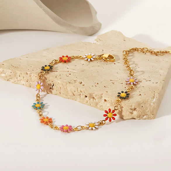 Titanium Steel Jewelry Bracelet With Colorful Daisy Pattern And Electroplating Process Unisex Style