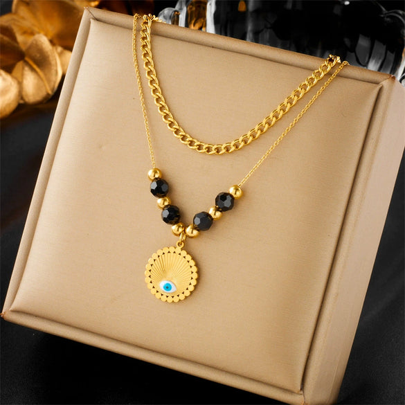 Titanium Steel Jewelry Clavicle Chain Double Layer Retro Beaded Blue Eye Pendant Necklace Electroplated Fashion Design
