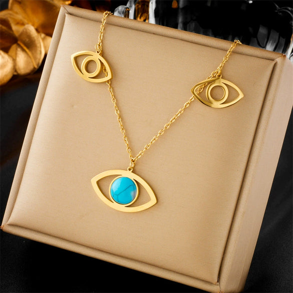 Titanium Steel Jewelry Clavicle Chain Double Layer Retro Beaded Blue Eye Pendant Necklace Electroplated Fashion Design
