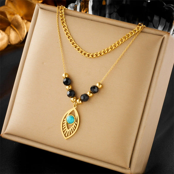 Titanium Steel Jewelry Clavicle Chain Double Layer Retro Beaded Blue Eye Pendant Necklace Electroplated Fashion Design