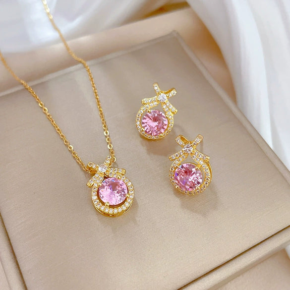 Titanium Steel Jewelry Set Geometric Style Water Drop Bow Electroplated For Women