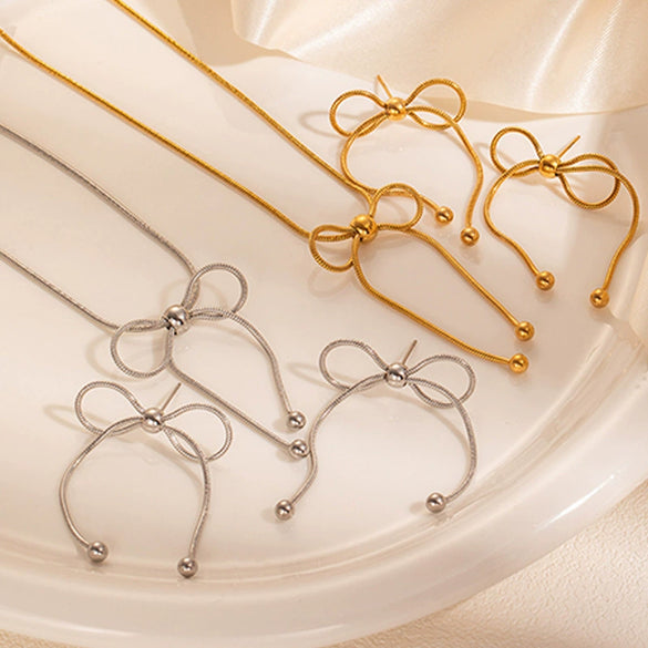 Titanium Steel Jewelry Set With Bowknot Tassel Round Bead Design And Electroplating For Women