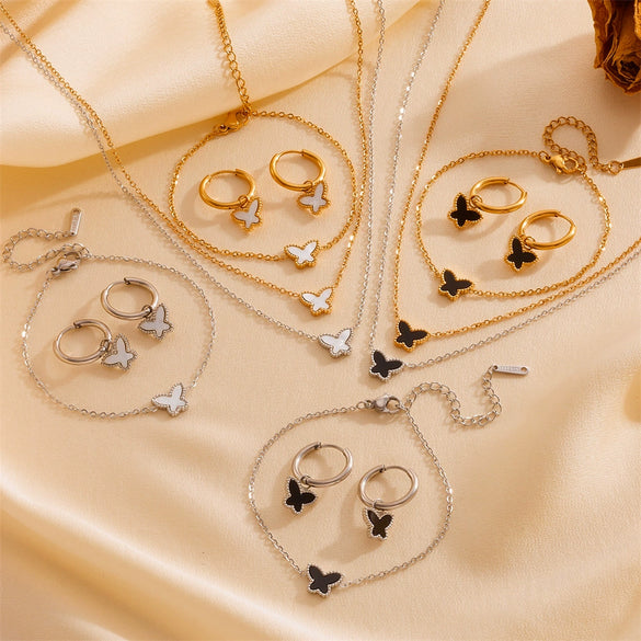 Titanium Steel Jewelry Set With Butterfly And Plant Flowers Pattern For Women Include Necklace Earrings And Bracelet