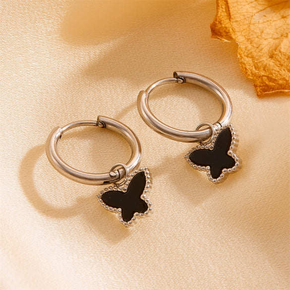 Titanium Steel Jewelry Set With Butterfly And Plant Flowers Pattern For Women Include Necklace Earrings And Bracelet