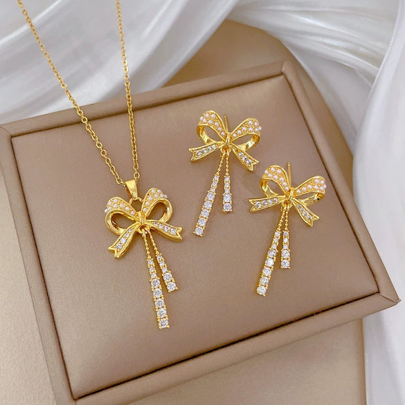 Titanium Steel Jewelry Set With Geometric Bow Tassel And Electroplating For Women
