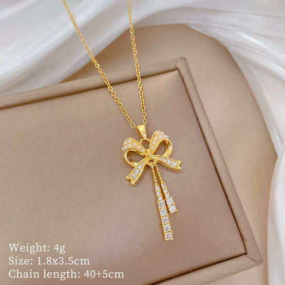 Titanium Steel Jewelry Set With Geometric Bow Tassel And Electroplating For Women