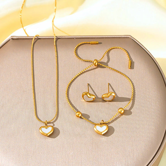 Titanium Steel Jewelry Set With Love Pattern And Heartshaped Earrings For Women Light Luxury Style Electroplated