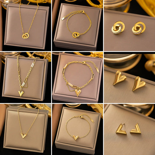 Titanium Steel Jewelry Set With Love Water Drops Bells Pattern Electroplated For Women