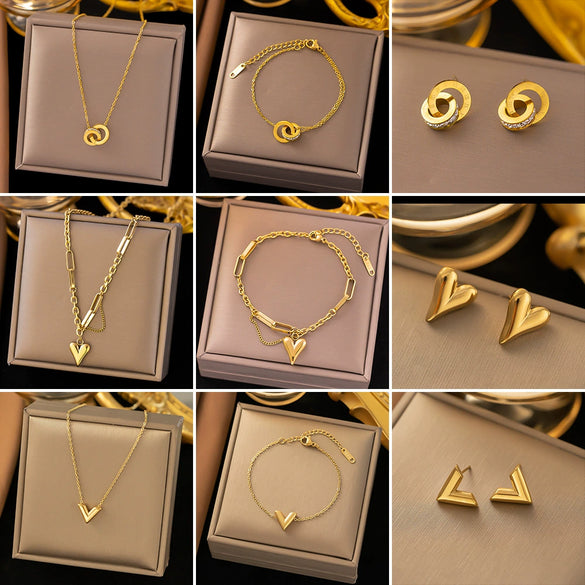 Titanium Steel Jewelry Set With Love Water Drops Bells Pattern Electroplated For Women