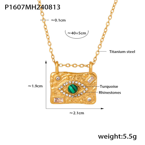 316L Stainless Steel Jewelry Set With Retro Texture And Devil's Eye Square Pendant For Women Electroplated Light Luxury Style
