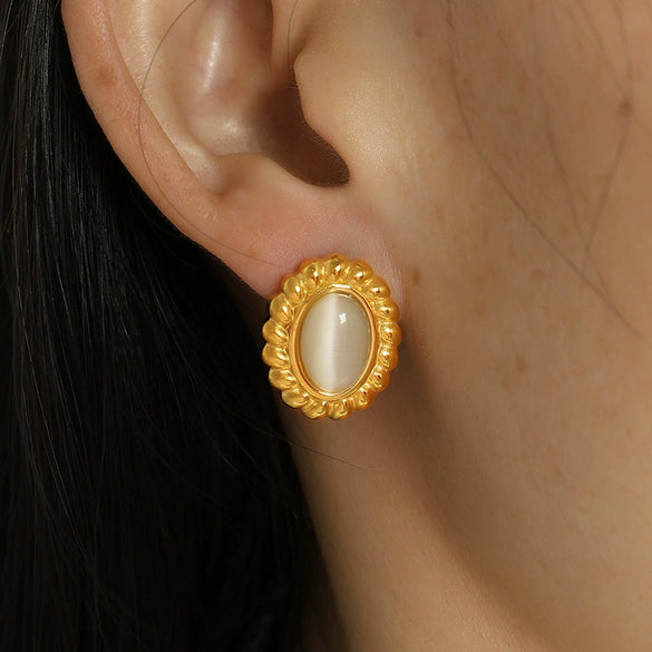 316L Stainless Steel Jewelry Set With Stars Sun And Moon Clouds Universe Pattern Inlaid Opal For Women French Retro Style Cat Eye Twist Earrings Necklace