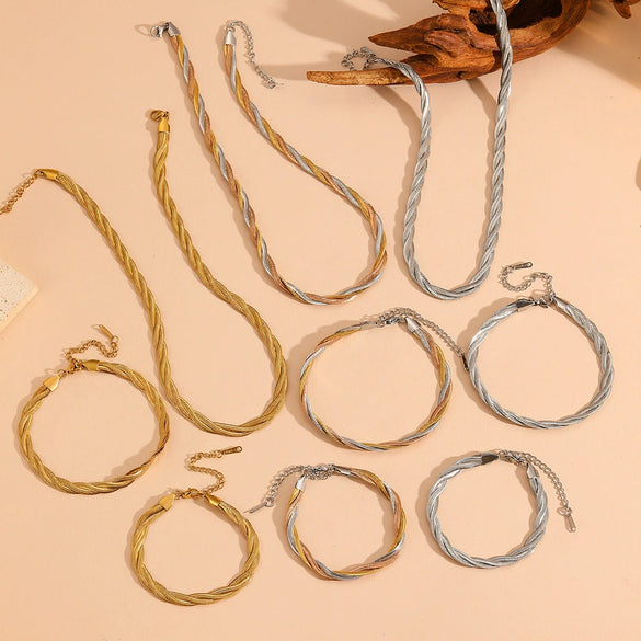 Titanium Steel Jewelry Set With Threestrand Woven Stainless Steel Multilayer Design And Geometric Style Set With Diamonds