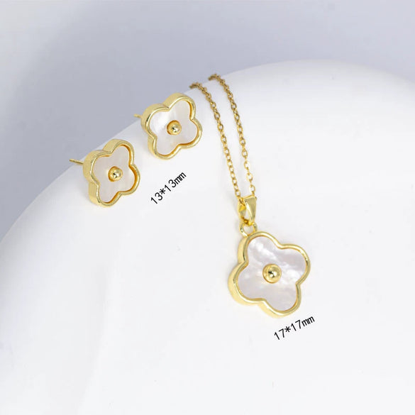 Titanium Steel Jewelry With Shell And Four Leaf Clover Pendant And Flower Pattern Electroplated Mixed Gemstone Setting O Word Chain