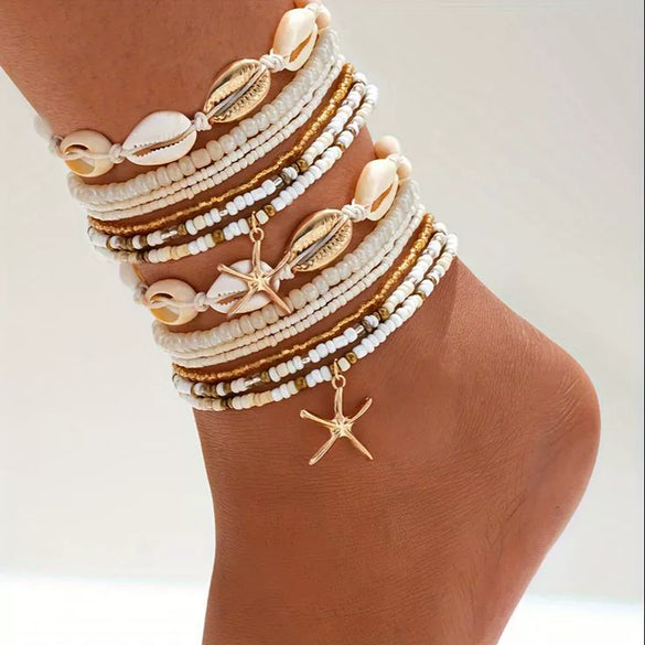 Titanium Steel 18K Gold Square Shell Bead Geometric Style Women's Anklet