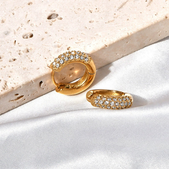 Titanium Steel 18K Golden Semicircle Diamond Inlaid Women's Simple Elegant Light Luxury Earrings With Electroplating