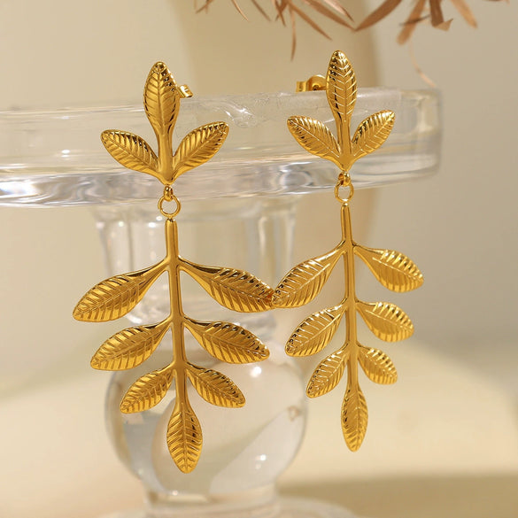 316L Stainless Steel Leaf Geometric Earrings For Women Electroplated Retro Cold Style