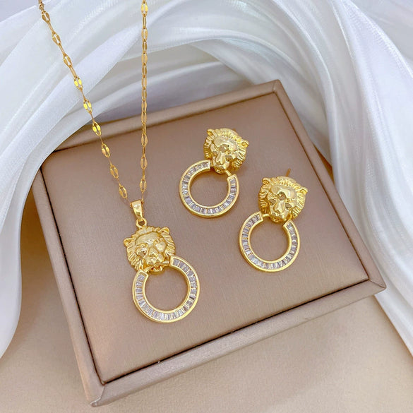 Titanium Steel Leopard Zircon Microinlaid Women's Jewelry Set With Geometric Style And Electroplating Process