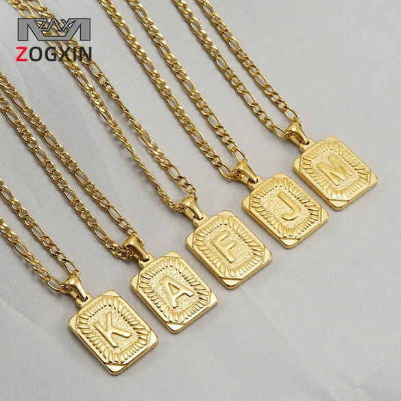 316L Stainless Steel Letter Pendant Necklace For Men Figaro Chain