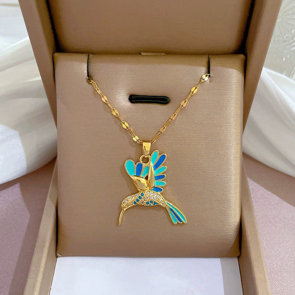 Titanium Steel Light Luxury Colorful Woodpecker Zircon Geometric Design Necklace