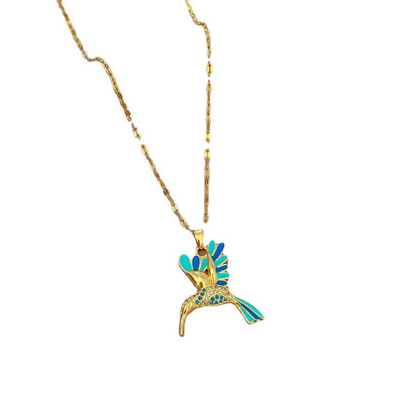 Titanium Steel Light Luxury Colorful Woodpecker Zircon Geometric Design Necklace