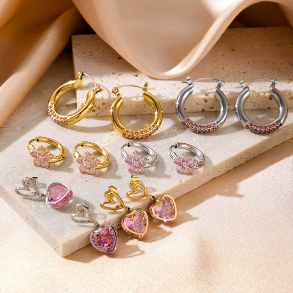 Titanium Steel Light Luxury Flower Heart Shape Pendant Earrings With Diamond Embedded And Electroplating Treatment
