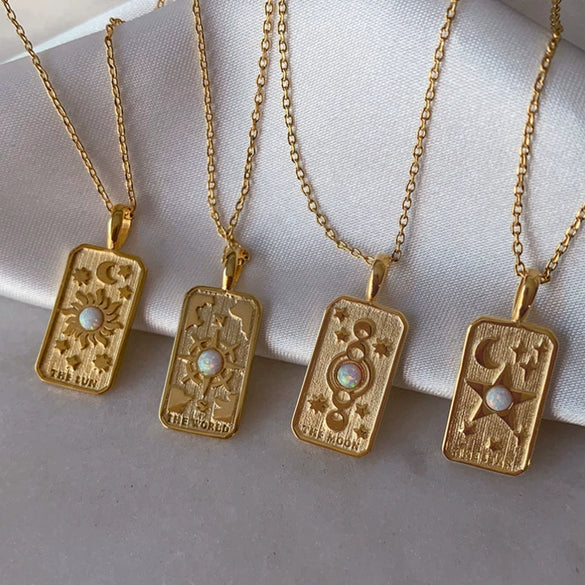 Titanium Steel Literature And Art Style Geometric Star Sun Moon Threedimensional Relief Gold Inlaid Opal Pendant Necklace With Snake Bone Chain