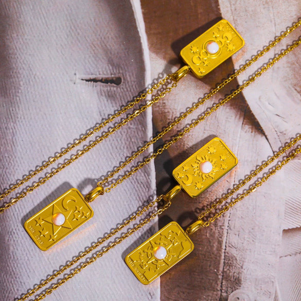 Titanium Steel Literature And Art Style Geometric Star Sun Moon Threedimensional Relief Gold Inlaid Opal Pendant Necklace With Snake Bone Chain