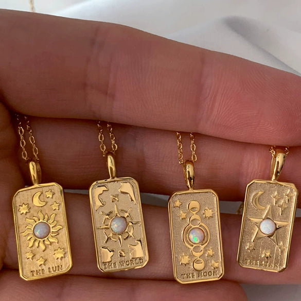 Titanium Steel Literature And Art Style Geometric Star Sun Moon Threedimensional Relief Gold Inlaid Opal Pendant Necklace With Snake Bone Chain