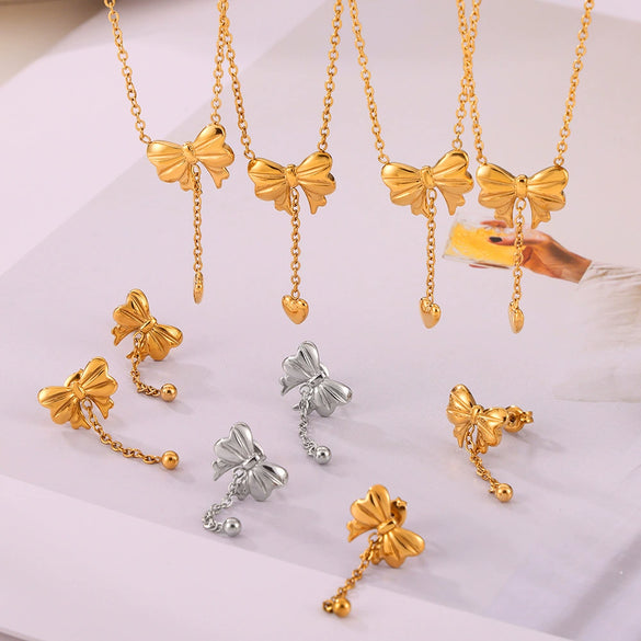 316L Stainless Steel Love Bow Jewelry With Electroplating Unisex Pendant And Earrings Set