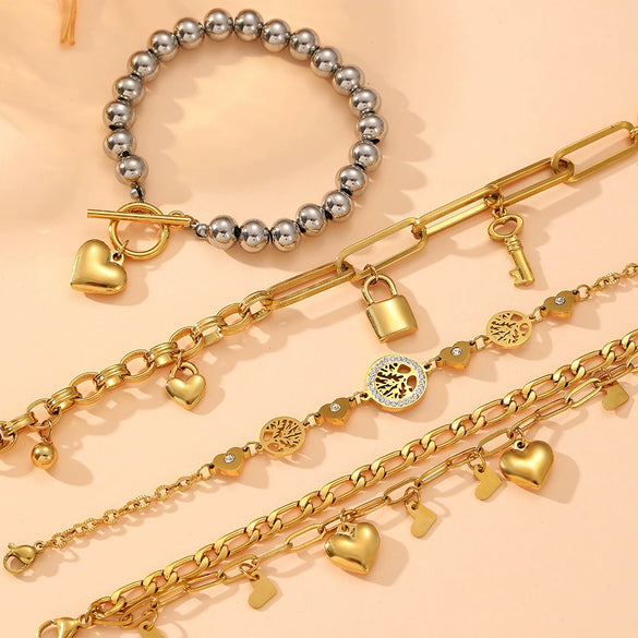 Titanium Steel Love Buckle Steel Ball Peach Heart With Lock Cartoon Style Electroplated Women's Bracelet