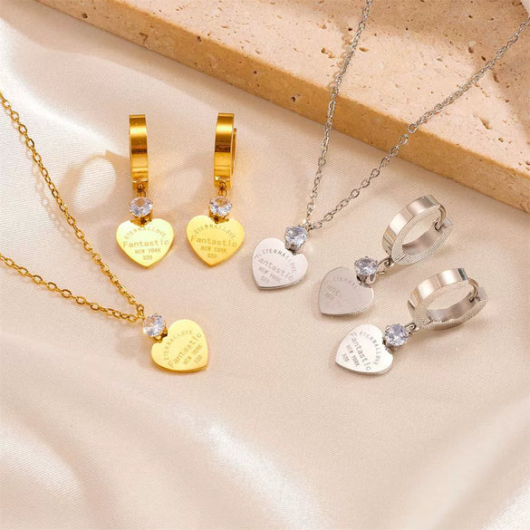 Titanium Steel Love Flat Necklace And Earrings Set With Geometric Water Drops Bell Pattern Electroplated Box Chain Style For Women And Unisex