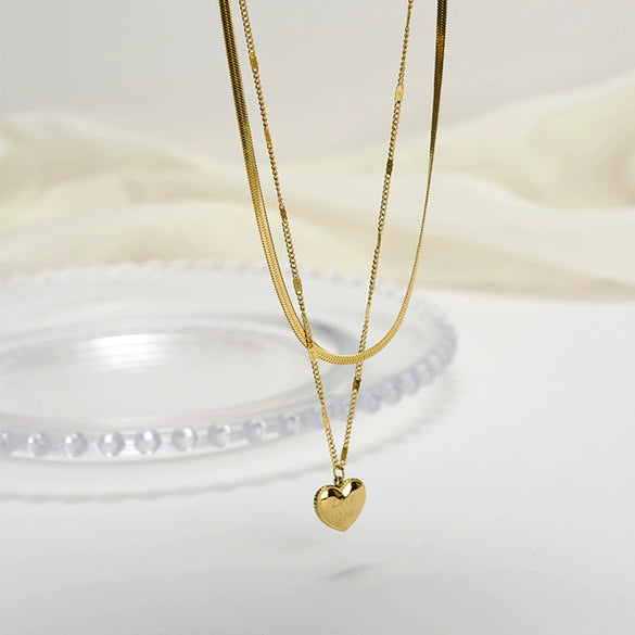 Titanium Steel Love Heart Doublelayer Women's Necklace With Snake Bone Chain And Stereo Peach Heart Pendant Light Luxury Style