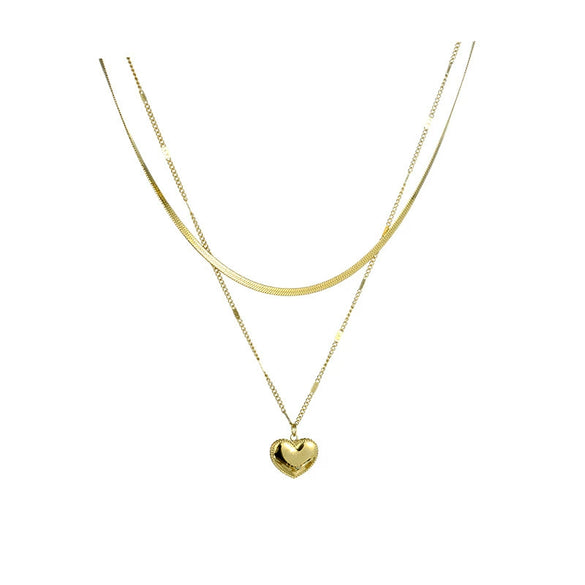 Titanium Steel Love Heart Doublelayer Women's Necklace With Snake Bone Chain And Stereo Peach Heart Pendant Light Luxury Style