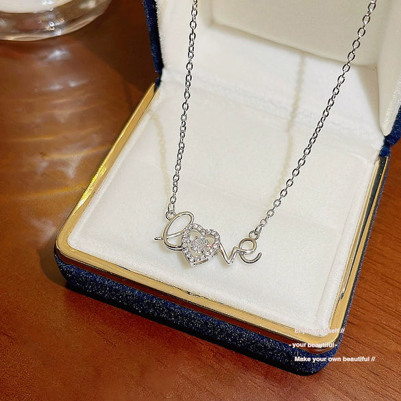 Titanium Steel Love Letter Pendant Necklace With Mixed Gem Inlay And Diamond Design For Women