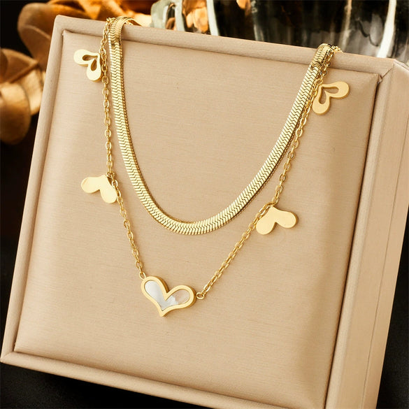 Titanium Steel Love Pendant Necklace Double Layer Stacked Electroplated Fashion Simple Style