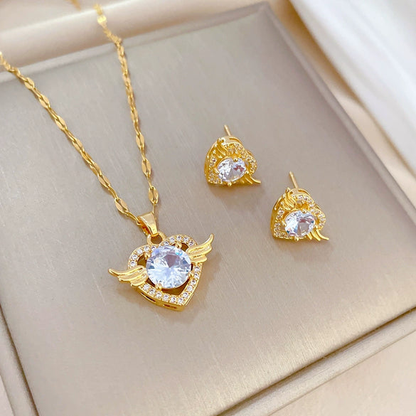Titanium Steel Love Wings Jewelry Set With Geometric Pattern And Electroplating For Women