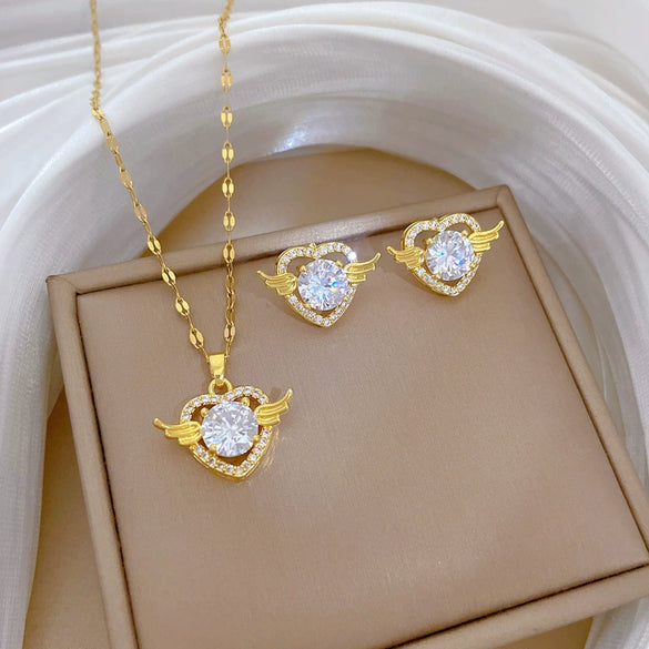 Titanium Steel Love Wings Jewelry Set With Geometric Pattern And Electroplating For Women