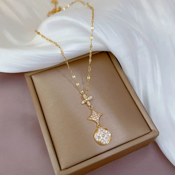 Titanium Steel Luxury Flower Planet Microinlaid Necklace With Geometric Cartoon Design For Women