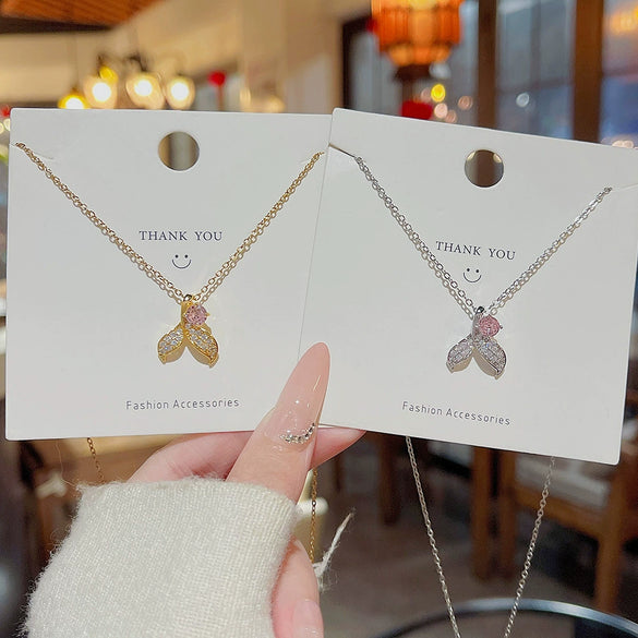 Titanium Steel Mermaid Tail Pendant Necklace For Women Fashion Inlaid Zircon Cross Chain Animals Zodiac Style