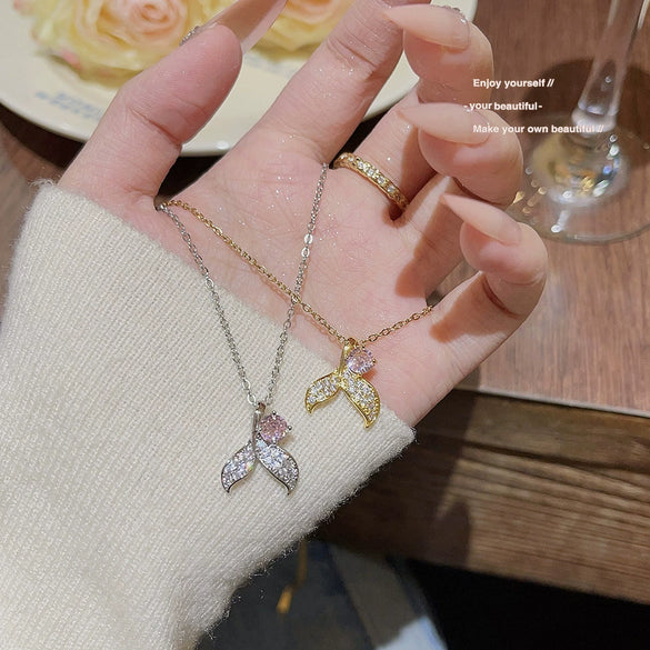 Titanium Steel Mermaid Tail Pendant Necklace For Women Fashion Inlaid Zircon Cross Chain Animals Zodiac Style