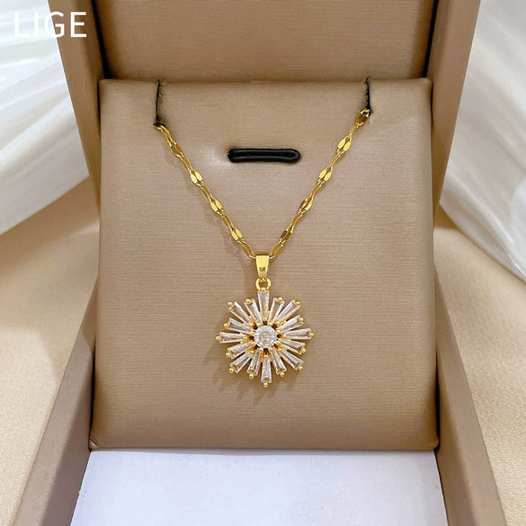 Titanium Steel Microencrusted Snowflake Geometric Women's Necklace And Earrings Set With Electroplating