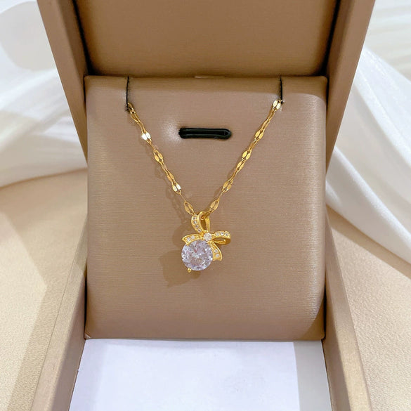 Titanium Steel Microinlaid Bow Geometric Light Luxury Women's Necklace Earrings Set With Electroplating