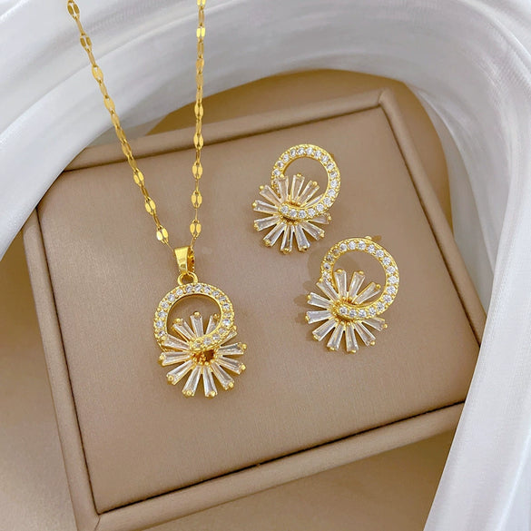 Titanium Steel Microinlaid Flower Jewelry Set With Geometric Design And Electroplating Process For Women