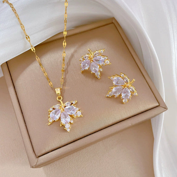 Titanium Steel Microinlaid Geometric Style Women's Necklace Earrings Suit With Electroplating