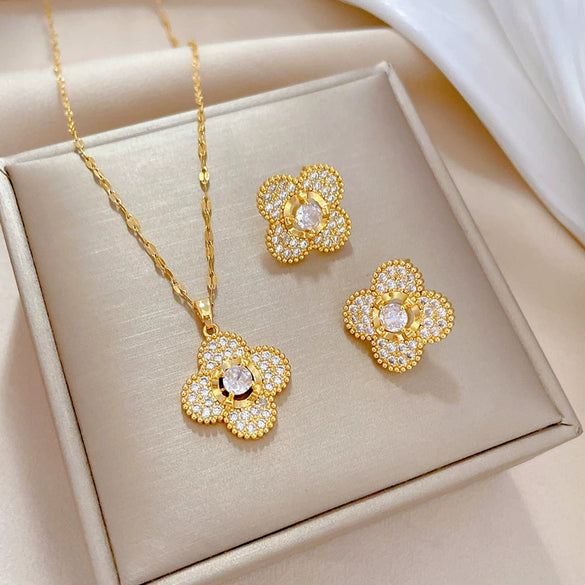 Titanium Steel Microinlaid Jewelry Set With Geometric Pattern And Electroplating For Women