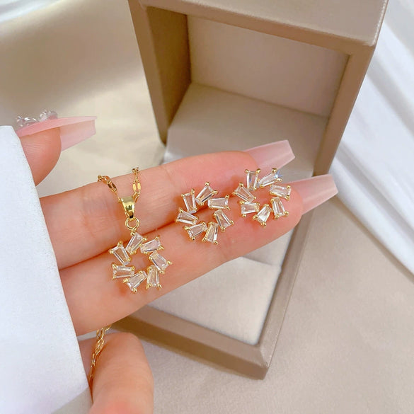 Titanium Steel Microinlaid Jewelry Set With Geometric Pattern And Electroplating For Women